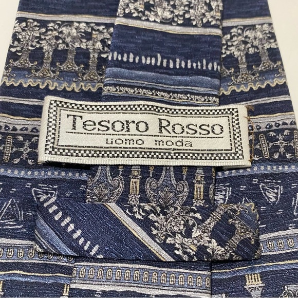 Tesoro Rosso Uomo Moda 100% Silk Navy Gray Silver Men's Tie 60" Architecture - Picture 4 of 5